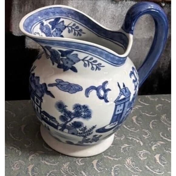Blue & White Ceramic Pitcher Decorative Floral Design Vase - Picture 2 of 3